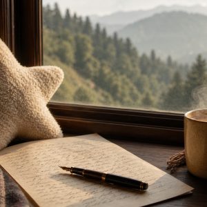 A handwritten letter, fountain pen and a mug on a windowsill overlooking pine-covered hills