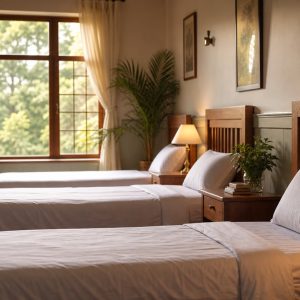 A calm, tidy girls boarding school dormitory with neatly made beds and warm bedside lamps