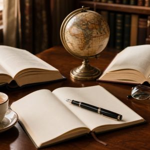 Open textbooks, a notebook, a globe and reading glasses on a study desk